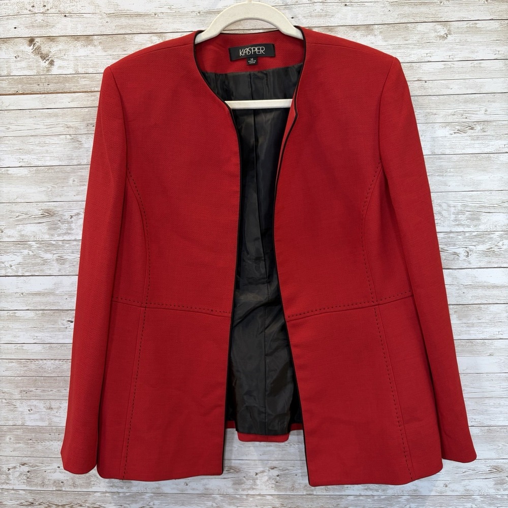 Kasper Womens 14 Blazer Red Longline Jacket Black Pick Stitch Collarless Career - Picture 2 of 10